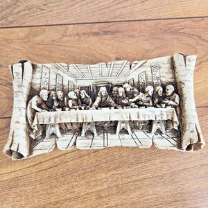 Vintage Last Supper Carved Relief Resin Wall Hanger Scroll Plaque Jesus Lord